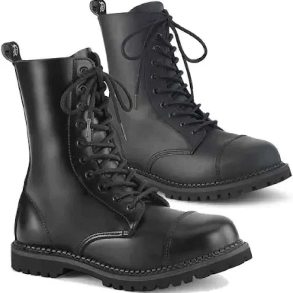 DEMONIA BOLT-200 | BLACK VEGAN LEATHER COMBAT BOOTS - Picture 1 of 12